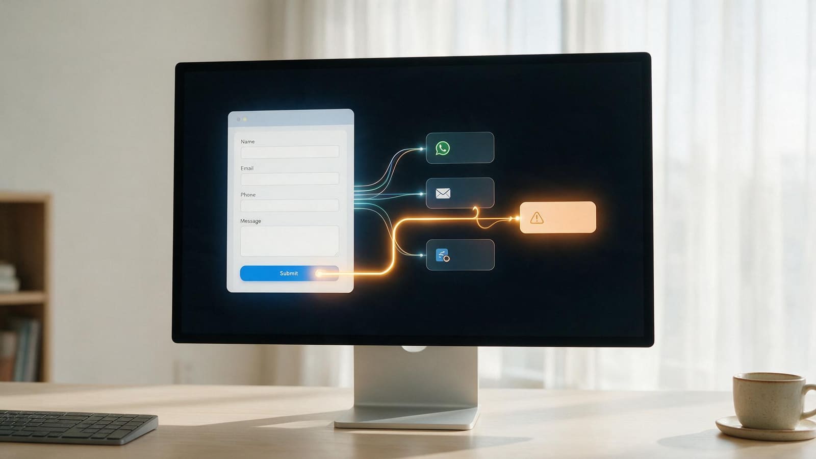 Website ownership and lead routing diagram on screen, showing form enquiries travelling through WhatsApp, email and a CRM with one connection going to the wrong destination