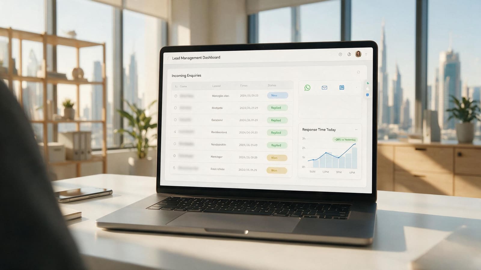 Website lead generation dashboard on a laptop in a Dubai office, showing website enquiries marked new, replied and won beside a response-time chart and WhatsApp, email and web-form channels