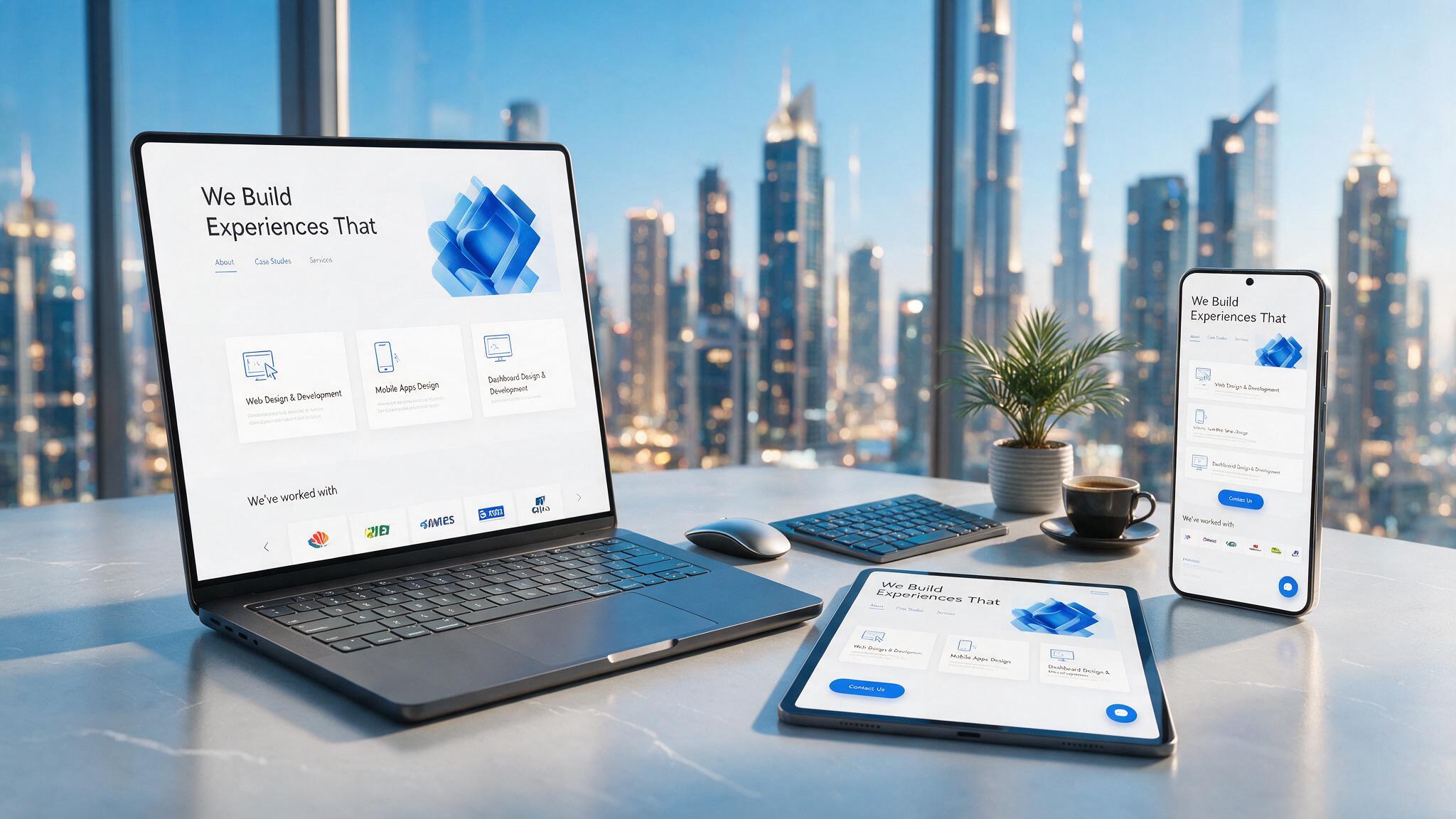 The same website rendered on a desktop monitor, tablet and phone side by side