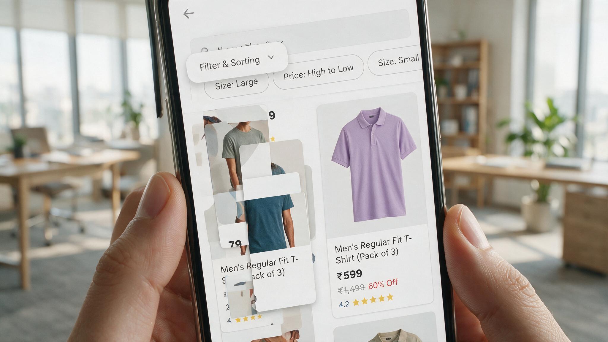 Broken product grid on a mobile screen with overlapping filter chips