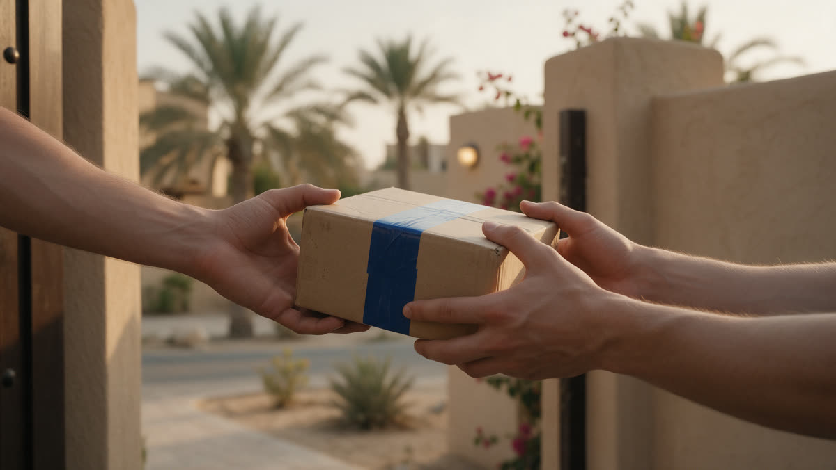 Courier handing an online order to a customer at a Dubai villa gate at golden hour