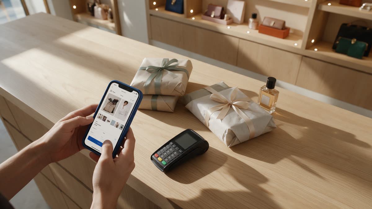 Shop owner's hands holding a phone with a WooCommerce product page beside a card terminal and wrapped parcels on a Dubai boutique counter