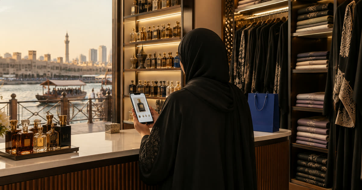 Perfume and abaya shop owner in Deira checking her WooCommerce store's product page on a phone at the shop counter